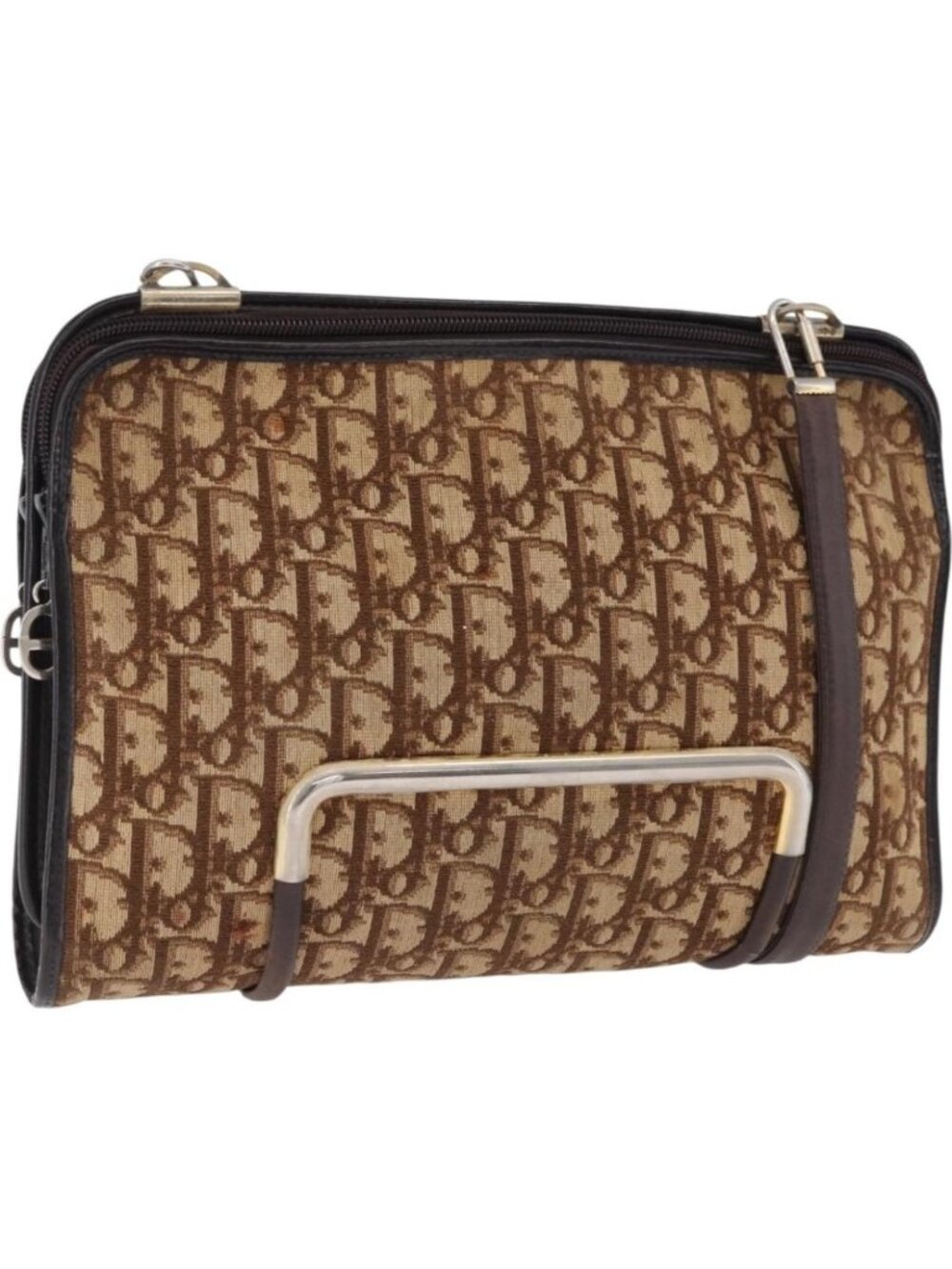 Christian Dior Trotter Canvas Shoulder Bag Beige Gold Tone